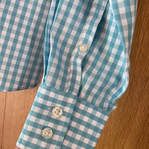 New Lands’ End size 2 aqua blue white button down shirt blouse gingham plaid - Picture 3 of 7